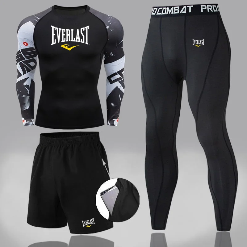

Men's 3pcs MMA Compression Sport Suit with Rashguard Long-Sleeved T-Shirt And Leggings Boxing Kit Male Tracksuit for Fitness