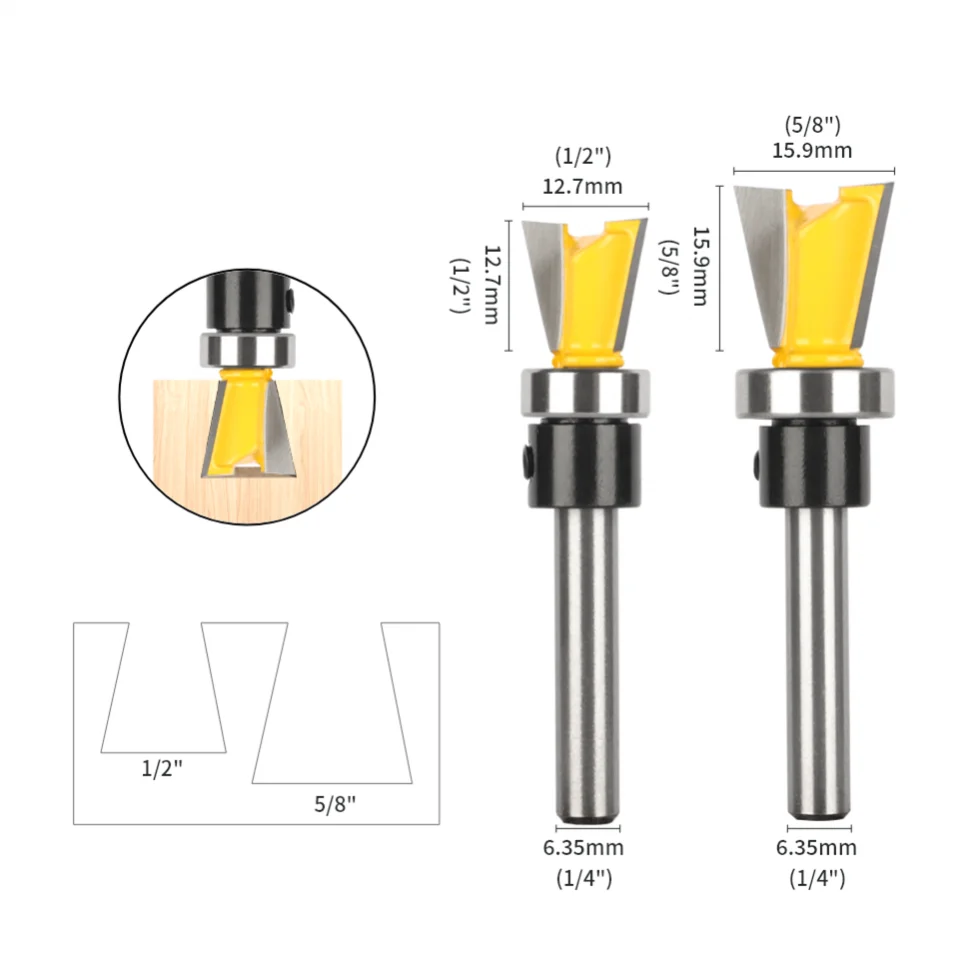 2pcs/set 1/4 inch Shank Carbide Rabbet Router Bits for Woodworking, Tungsten Alloy Slotting Router Bit Set