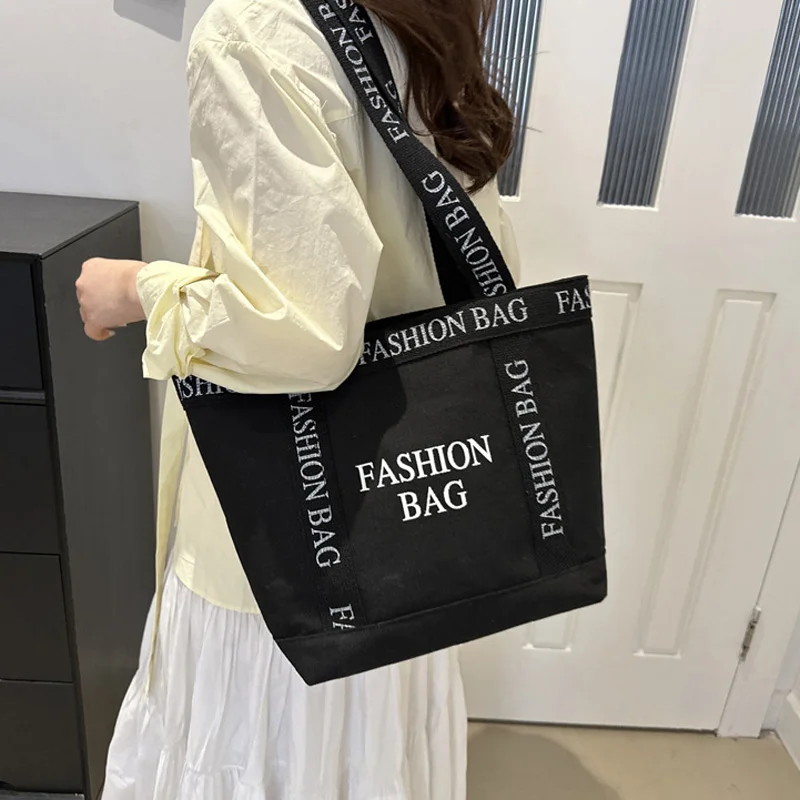 Borse tote casual da donna di grande capacità, borse a tracolla in tela con decorazioni di lettere per lo shopping da viaggio all\'aperto da donna