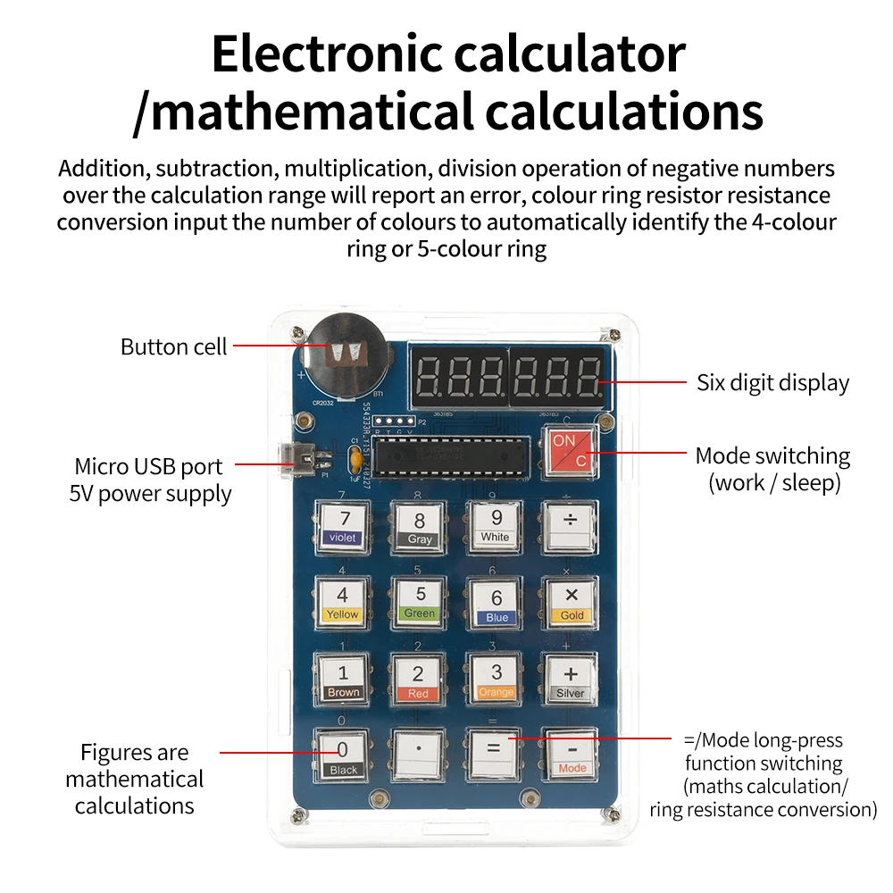 Kalkulator 6 Digit Kit DIY Kalkulator Resistansi Cincin Warna Tampilan LED Modul Latihan Penyolderan Percobaan Pengajaran Elektronik