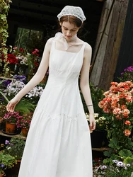 FSLE vestido largo francés blanco con tirantes 100% algodón 2024 novedad de verano temperamento suelto hasta el tobillo vestidos femeninos 24FS12048