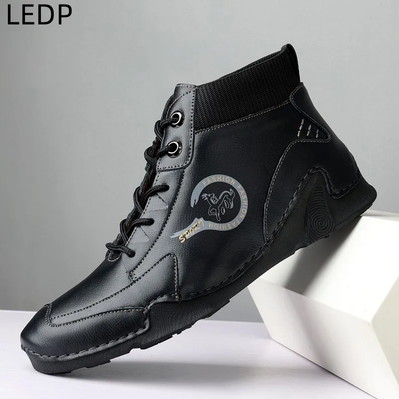 Men's Outdoor Shoes Two-layer Cowhide Trendy All-match Waterproof Platform Breathable Fashion Comfortable Non-slip Round Toe