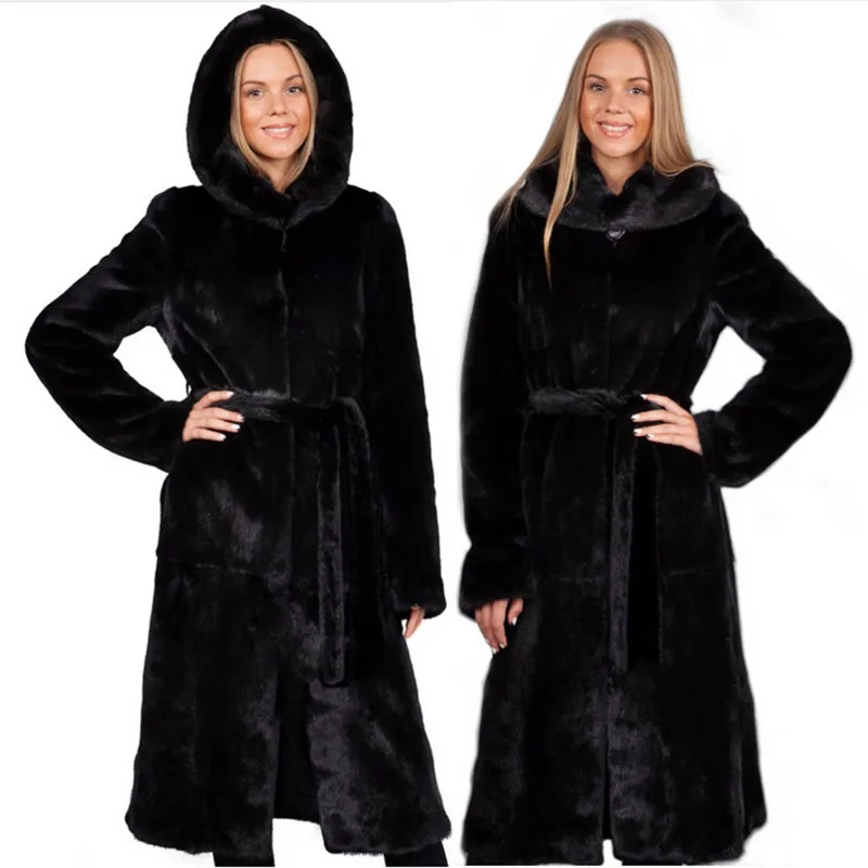 

Winter Fall 2025 Fashion Elegant Black Faux Mink Fur Coat for Women Woman Slim Elegant Hooded Long Coats