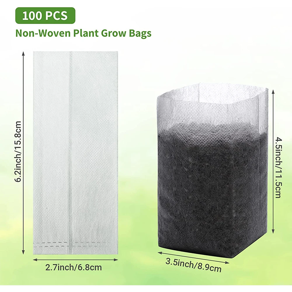 100PCS Biodegradable Plant Bags Non Woven Seedling for Garden Seed Starters Pouchs Transplant Pots Grow for Vegetables Flowers