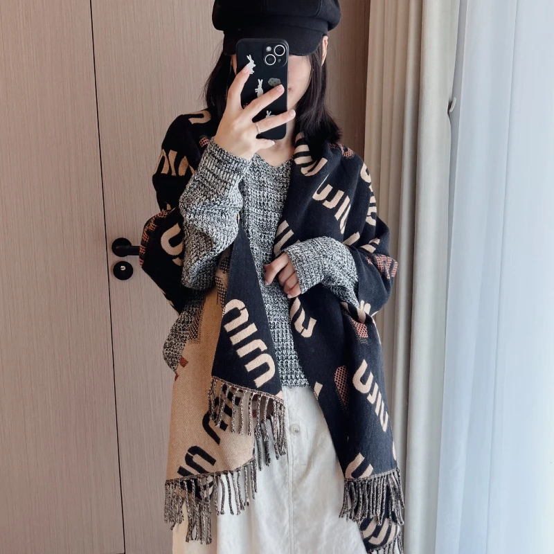 2024 New Winter Women\'s Letters Print Faux Cashmere Scarf Fall and Winter Thickened Fashion Warm and Versatile Scarf Shawl