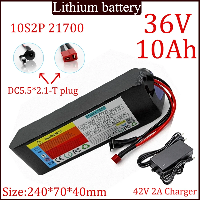 21700 10S2P 36V 10A rechargeable lithium battery built-in 15A bms for Spare batteries, power tools etc + 42V 2A Charger