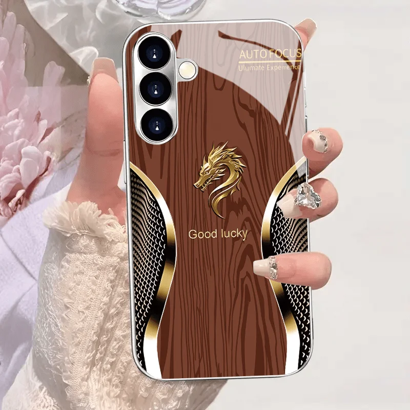Dragon logo Brown wood grain Phone case s26 ultra case Glass phone case for Samsung Galaxy s26/s25/s24/s23/s22/s21 Ultra FE Plus