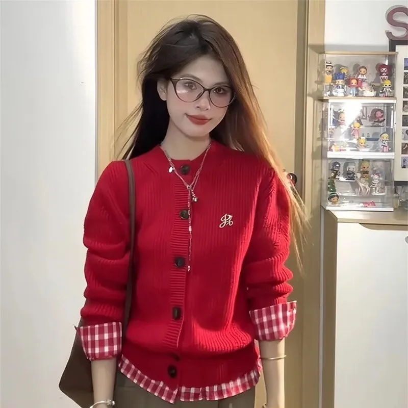 

2024Korean Chic O Neck Long Sleeve Women Cardigans Vintage Style Hit Color Patchwork Plaid Sweater Autumn New Women Clothing