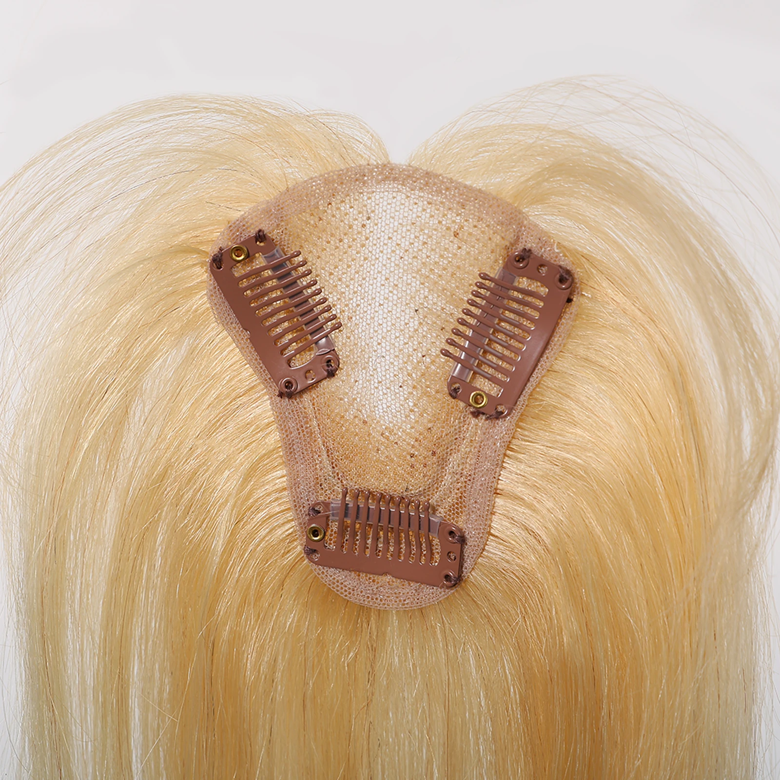 Blonde Remy Human Hair Toppers with Bangs Lace Base 3 Clips in Hair 100% Remy Human Hair Pieces Extensions for Women 10 Inches