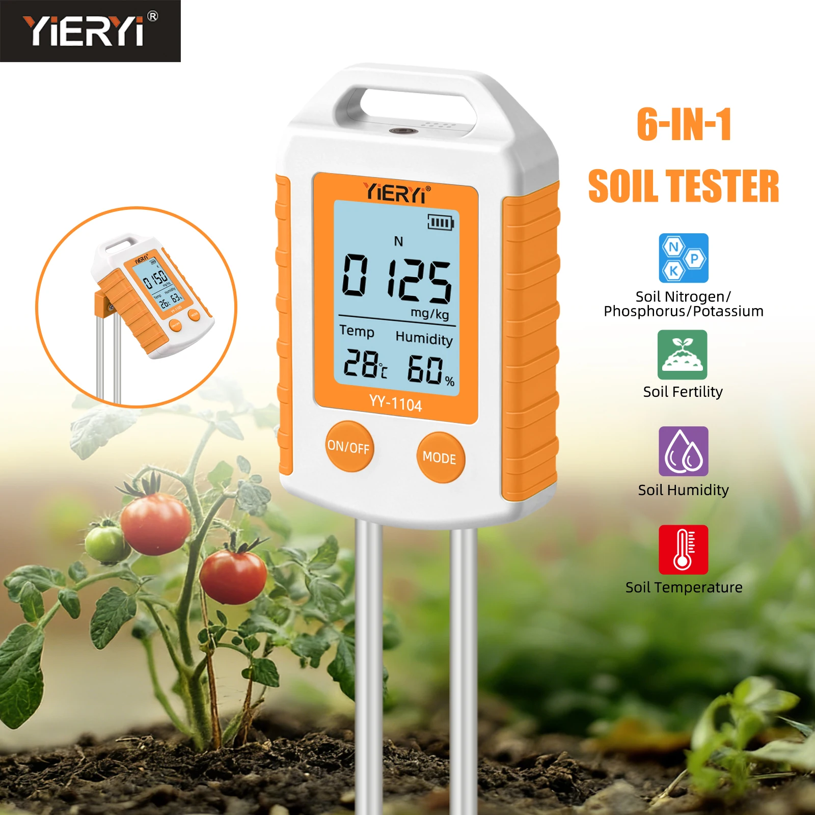 

Yieryi Professional Soil Tester 6-in-1 NPK Fertilizer Analyzer LCD Backlight Dual Probe Moisture Temp Monitor for Garden Potted