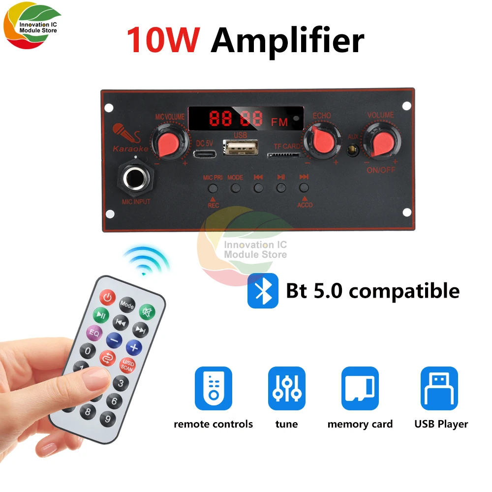 

DC3.7-5V Single Channel BT5.0 Audio Amplifier Board 10W Portable Trolley Speaker Multi-function MP3 Decoder Board with Amplifier