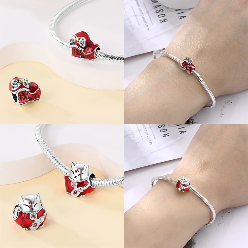 925 Chinese Elements Charms Bead The God of Wealth Lion Dance Maneki Neko Bead Pendant Fit Original Bracelet DIY Jewelry