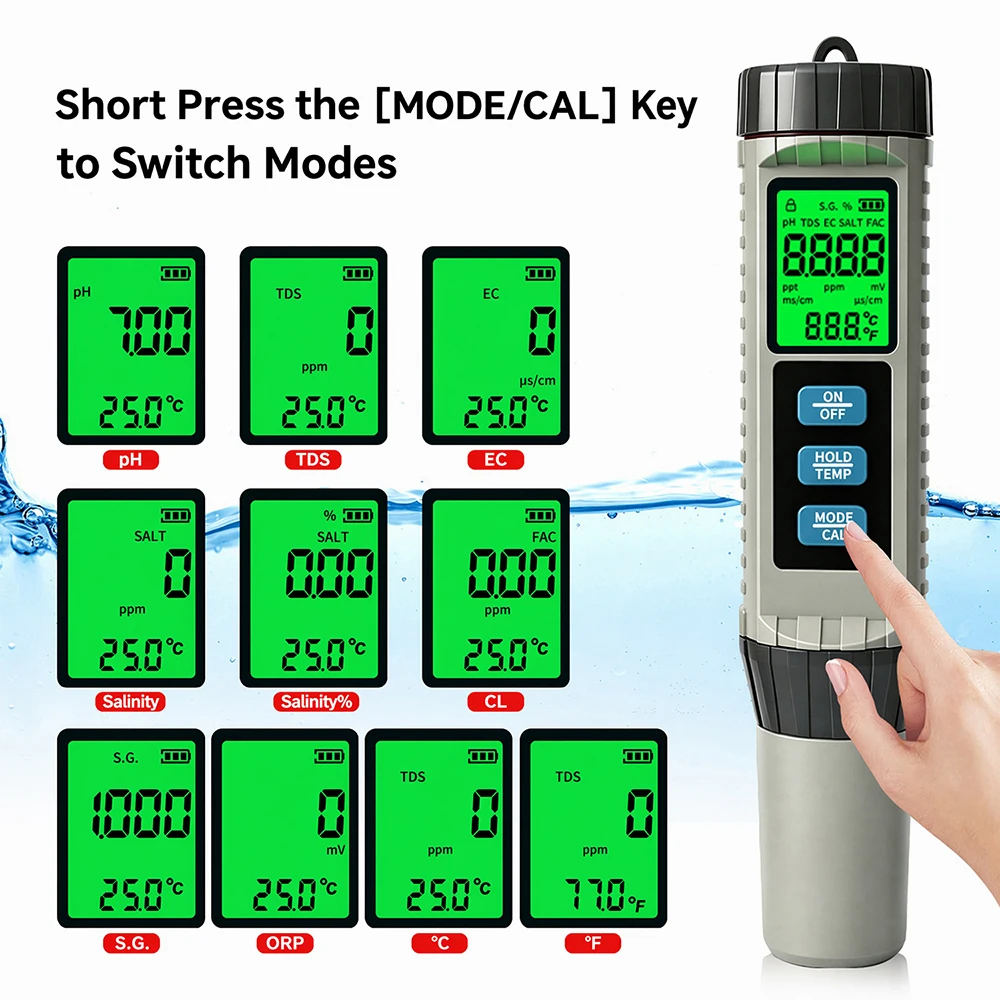 8-in-1 Digital Color Display Water Quality Tester Pen Portable Multi-function TDS/EC/PH/CL/S.G/SALT/ORP/Temp drink water Monitor