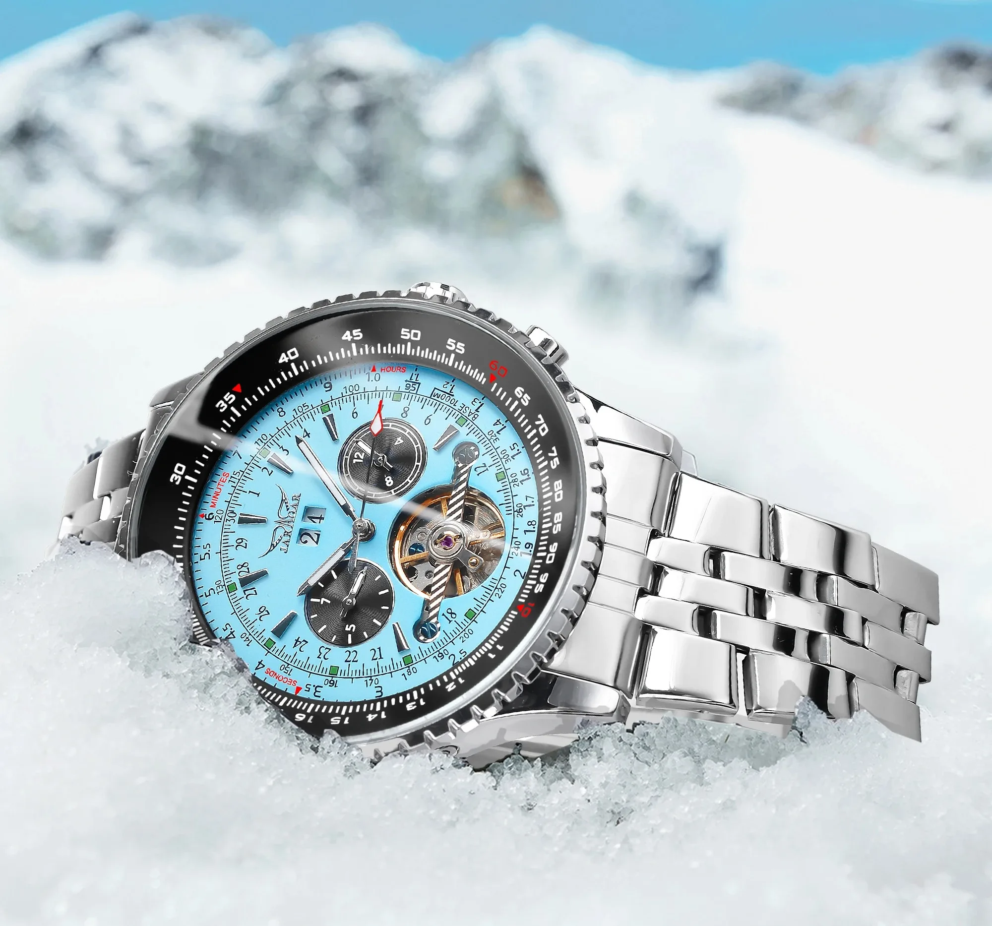 JARAGAR JAR034 Relógio Mecânico Automático Masculino Moda Tourbillon TFN Mostrador Azul Data Exibição Relógio Esportivo Militar de Aço Inoxidável