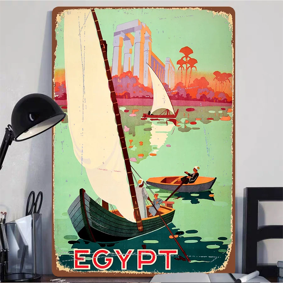 Vintage Egypt Nile River Sailboat Iron Painting Wall Art Decor for Living Room Bedroom Home Decoration