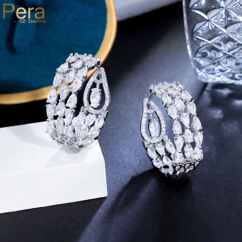 Pera Shining White Cubic Zirconia 3 Layers Geometric Circle Hoop Earrings for Women Fashion Elegant Brand Party Jewelry E144