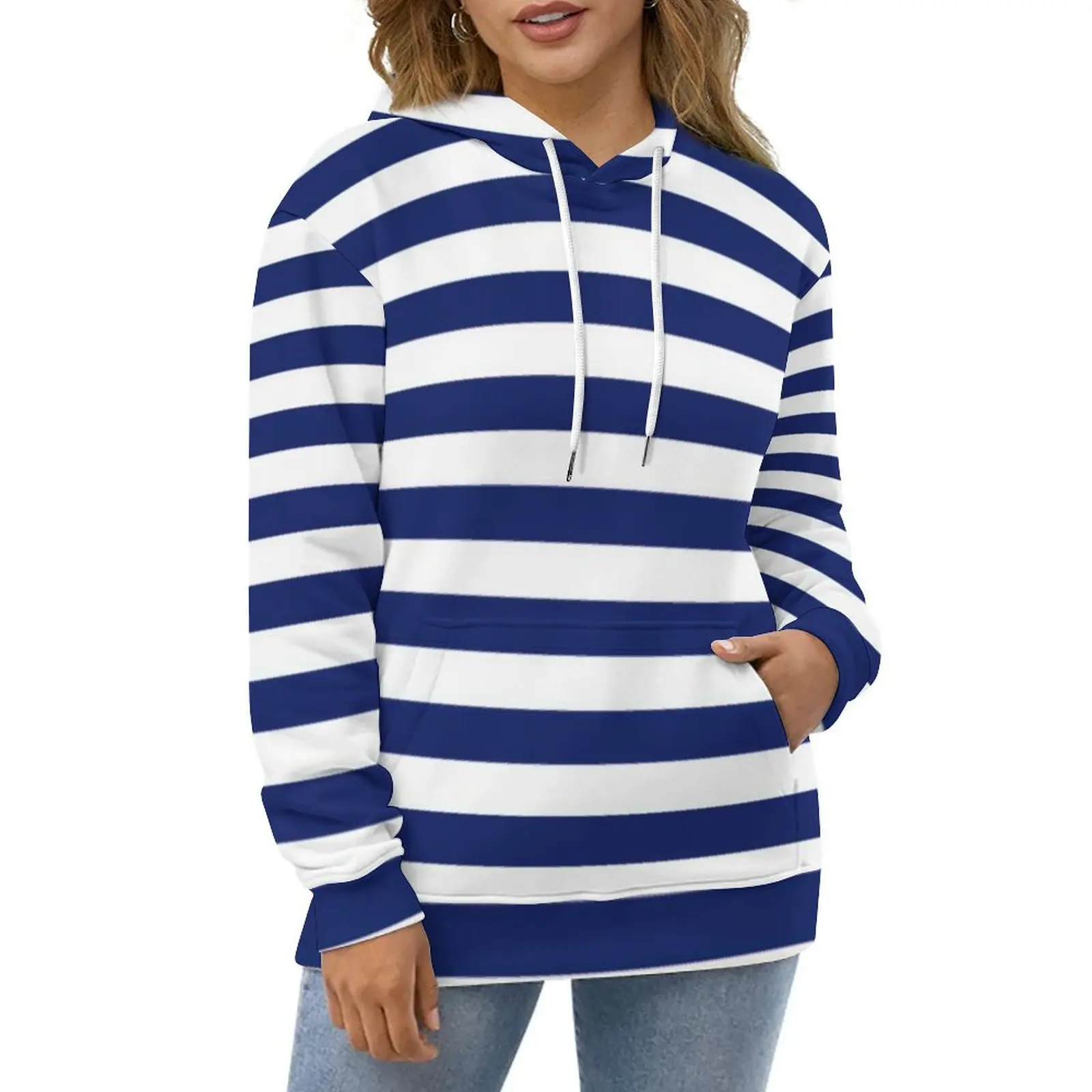 Retro Nautical Hoodies Navy Blue and White Stripe Hip Hop Casual Hoodie Long Sleeve Modern Graphic Hooded Sweatshirts Gift Idea