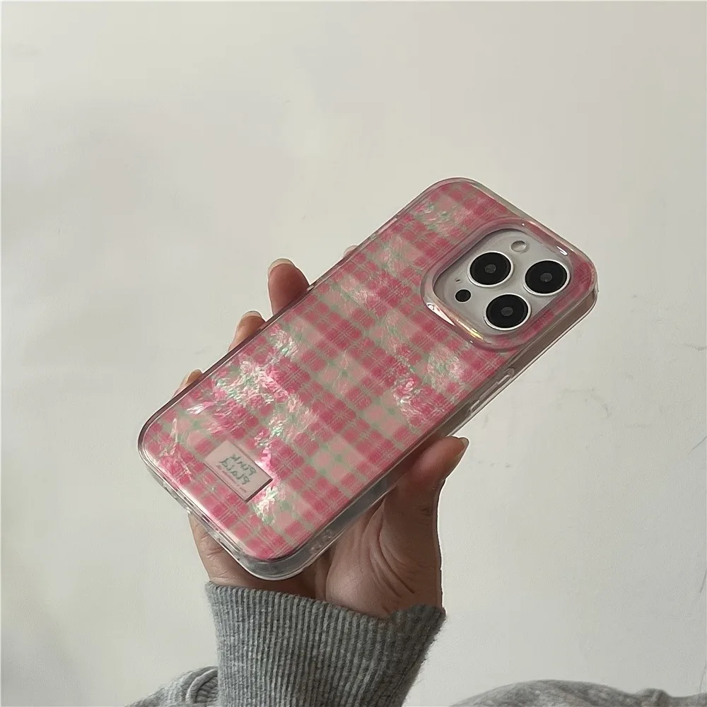 Cute Dopamine Color Block Match Plaid Clear Phone Case for iPhone 17 16 15 14 13 12 11 Pro Max 7 8 Plus X Pink Tartan Soft Cover