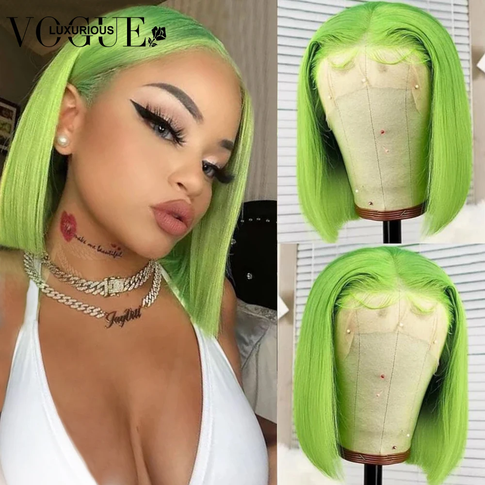 Straight Green Colored Short Bob Pixie Cut Perucas para Mulheres, Peruca Frontal de Renda Transparente, Original Cabelo Humano Virgem Brasileiro, 13x4