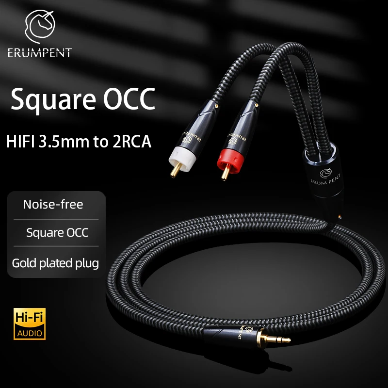 HiFi 3.5mm to 2RCA Cable Square OCC High Quality Gold Plated Plug Noise-free for Speaker Computer 3.5mm Jack to 2RCA Male Cable