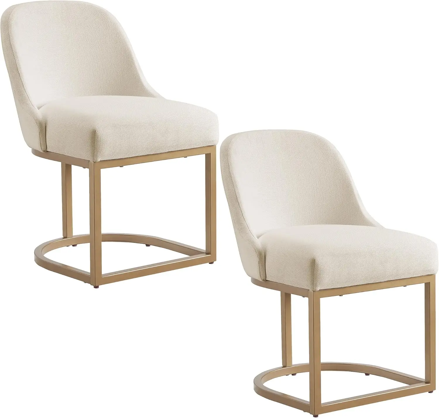 Barrelback Chair With Metal Base, Set Of 2, For Dining Room, Modern White Linen Seat, 2-Pack, Gold