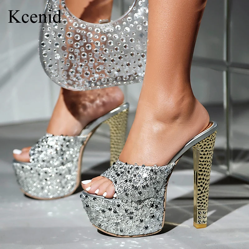 

Женские блестящие туфли-мюли Kcenid с пайетками, летние, на высоком каблуке 16 см, на платформе, для вечеринок, сексуальные, с открытым носком, для клуба, размер 47