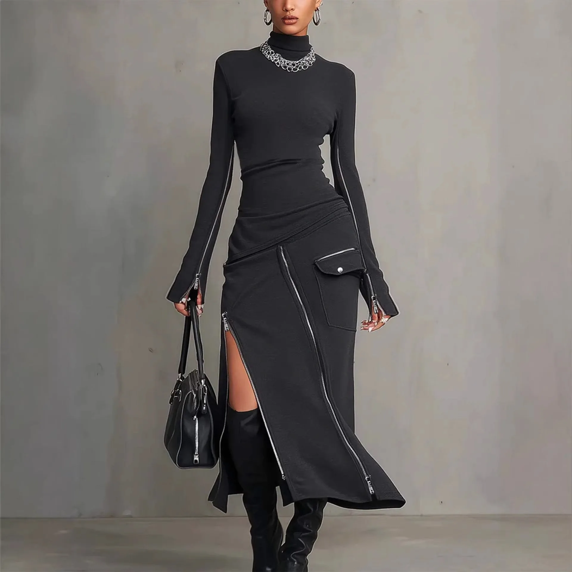 

Autumn Irregular Women's Long Sleeve Slim Pullover Top & Elastic High Waist Zip Pocket Design Long Skirt Elegant Two Piece Set