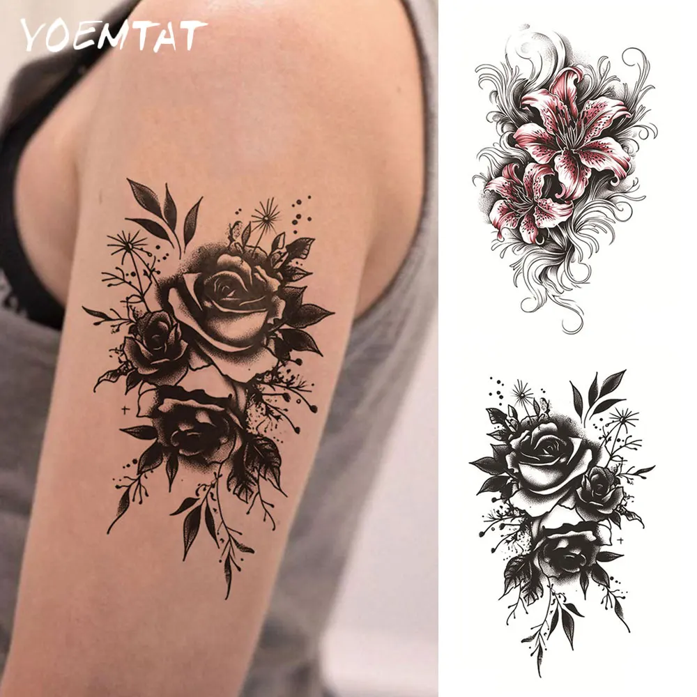 

Waterproof Temporary Tattoo Sticker Black Colorful Rose Lily Flower Dandelion Leaf Body Art Arm Fake Tattoos Sleeve Women Men