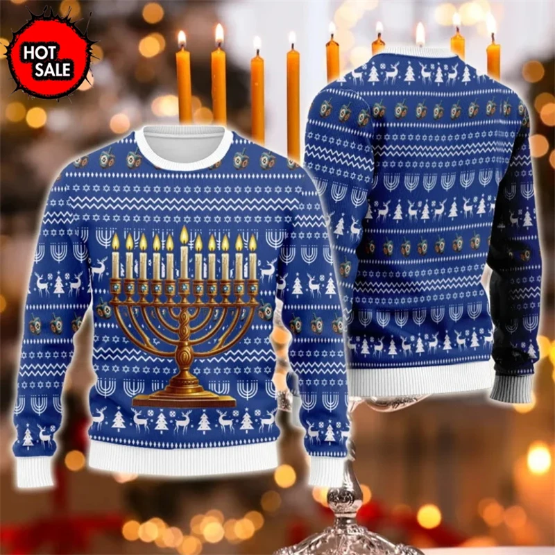 New Hanukkah 3D Printed Christmas Sweater Men Clothes Casual Women Pullover Hoodies Merry Christmas Personality Sweatshirts Tops