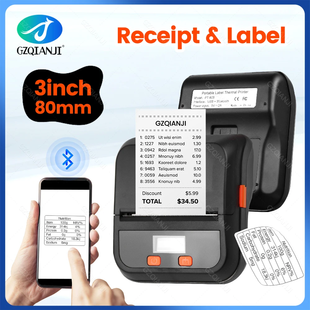 80mm Bluetooth Mini Thermal Receipt Label Printer USB 3\