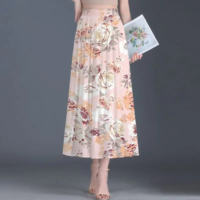 

Женская плиссированная макси-юбка с цветочным принтом, с высокой талией, А-силуэт, струящаяся, длинная, повседневная, элегантная, для лета
