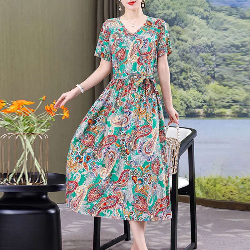Summer women dresses casual V-neck print vintage short sleeve Ladies Clothing 2023 Womens Clothes Sundresses