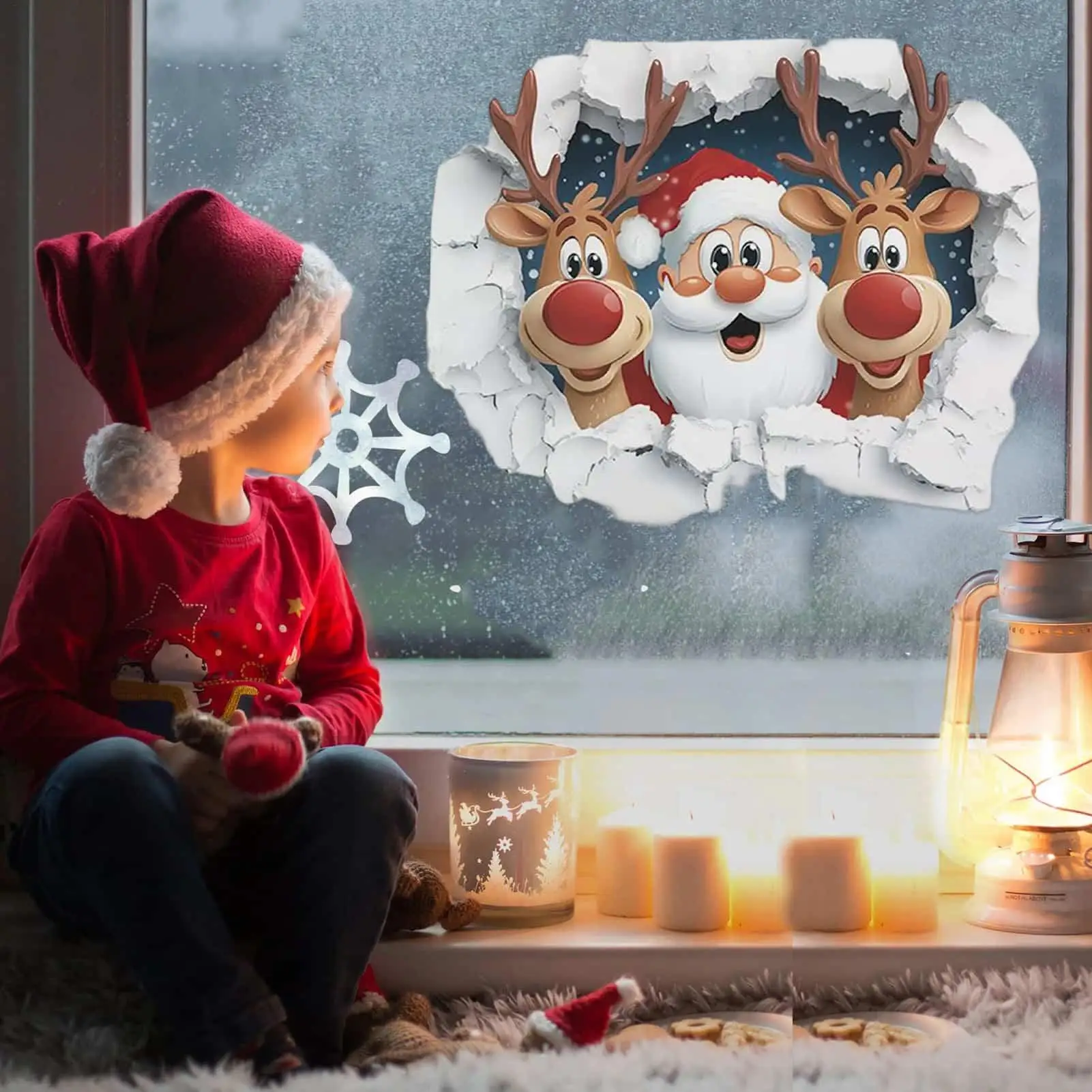 Wall Breaking Santa Sticker 3D Effect Removable Christmas Wall Decals Winter Living Room Reindeer Stickers For Dorm Office Party