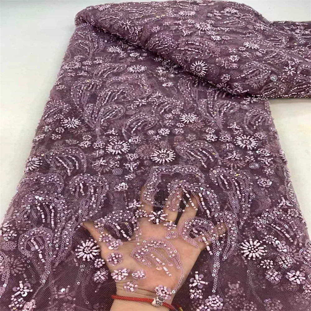 2025 Tessuto di pizzo di fascia alta fatto a mano con perline e paillettes Ricamo Abito da sposa in pizzo francese Tessuto di tulle africano di pizzo ricamato