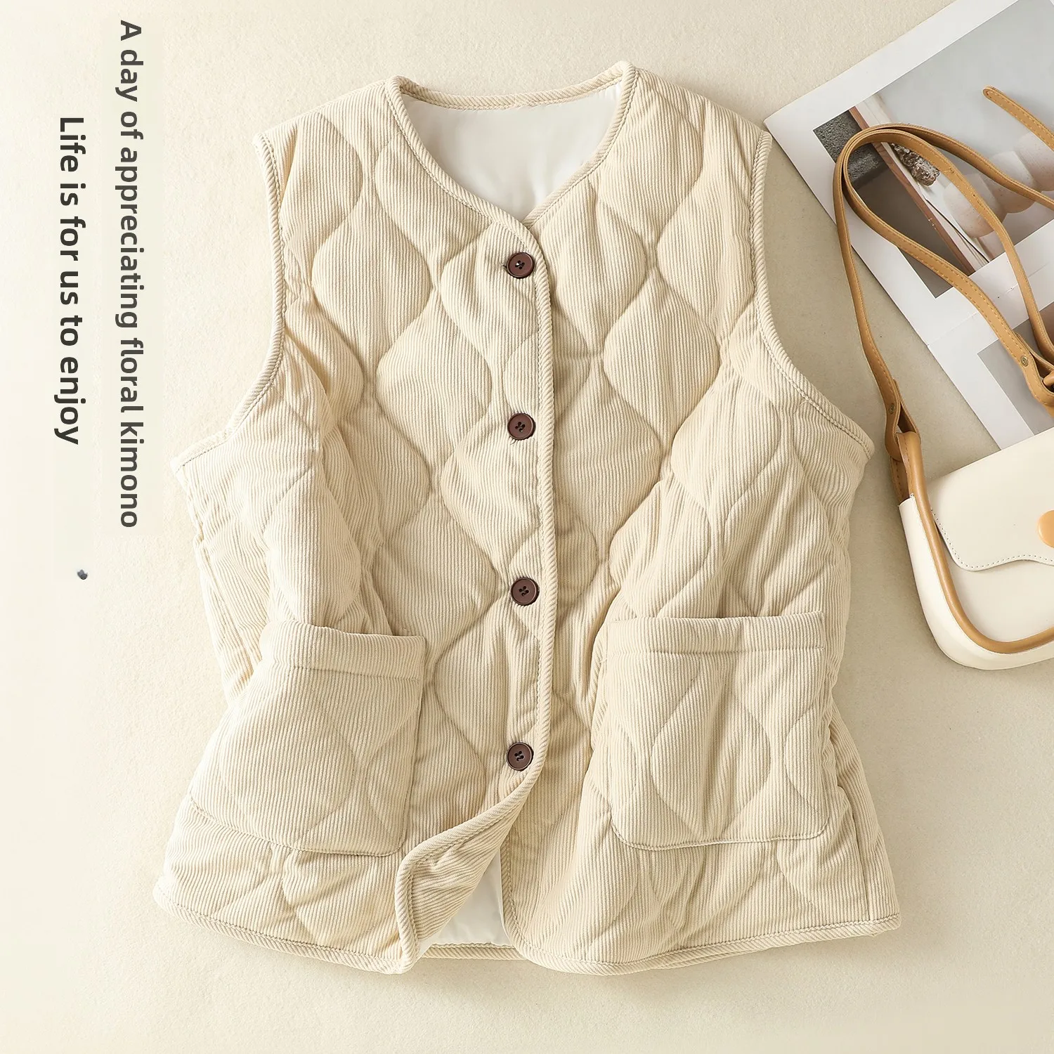 

Retro Corduroy Quilted ort Cotton Vest Women's Winter Fce Lined Warm oulder Pad Staable Svel Cotton Coat