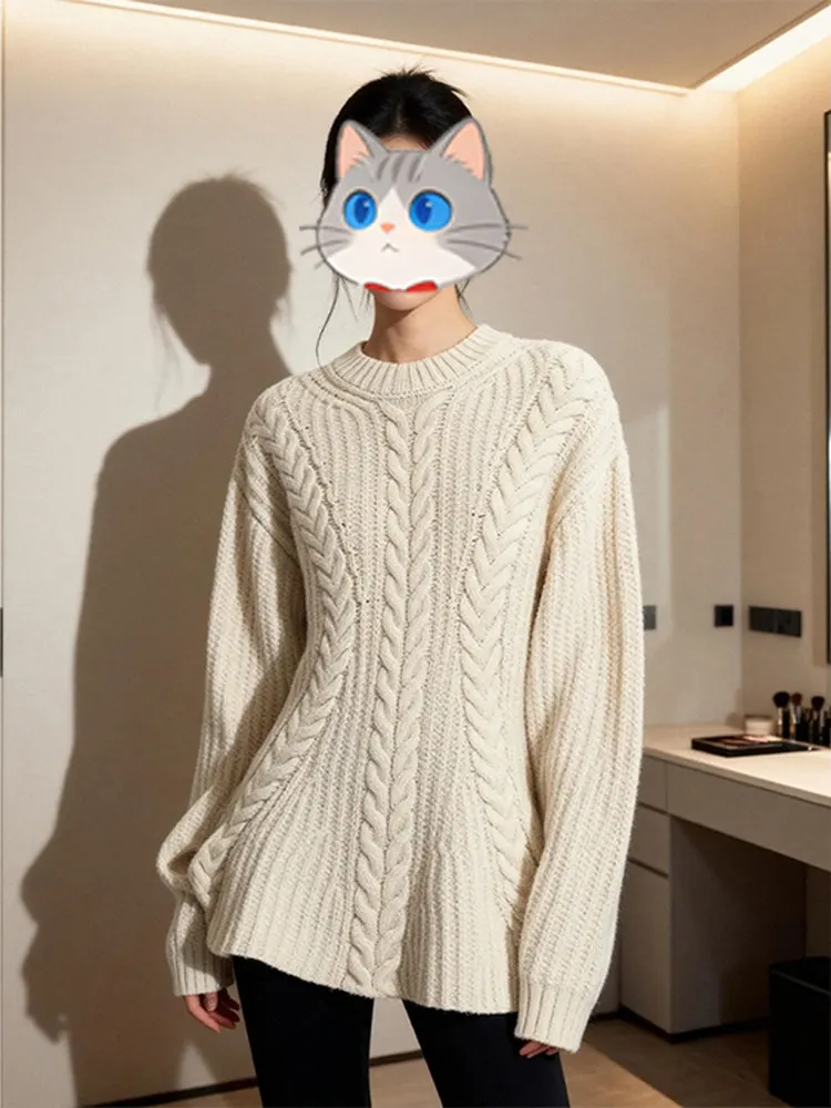 

Laid-ba Chic Long Sve Knitted Sweater Waist-cinched Overhead Casual Wear Versatile Comfortable Mid-weight Knit for Daily...