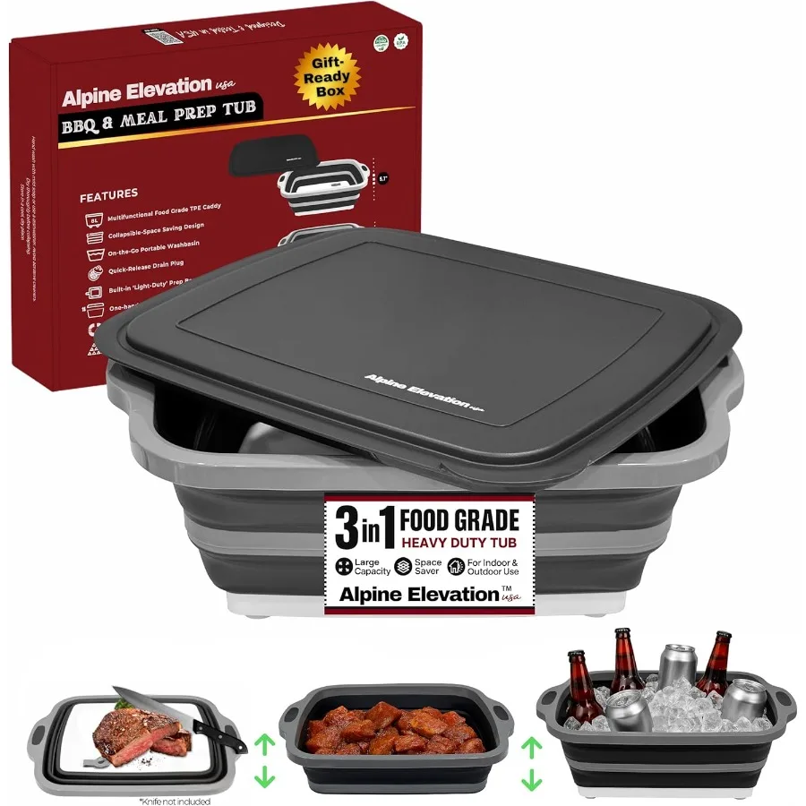 

Collapsible Large 8L BBQ Marinating Tub with Integrated Cutting Board and Lid for Outdoor Cooking Multipurpose FoodGrade TPE Pr