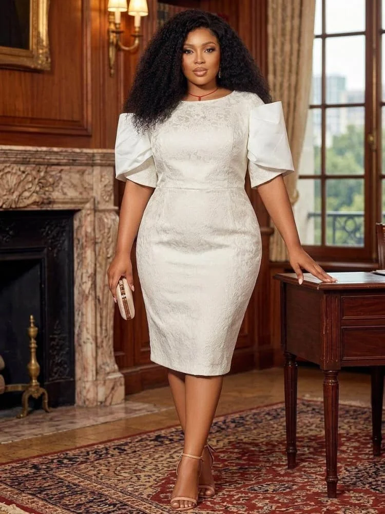 Plus Plus Size Round Neck Puff Short Sleeve Midi Dress For Women Formal Office Business Banquet Bodycon Pencil Dress - Aliexpress Deal