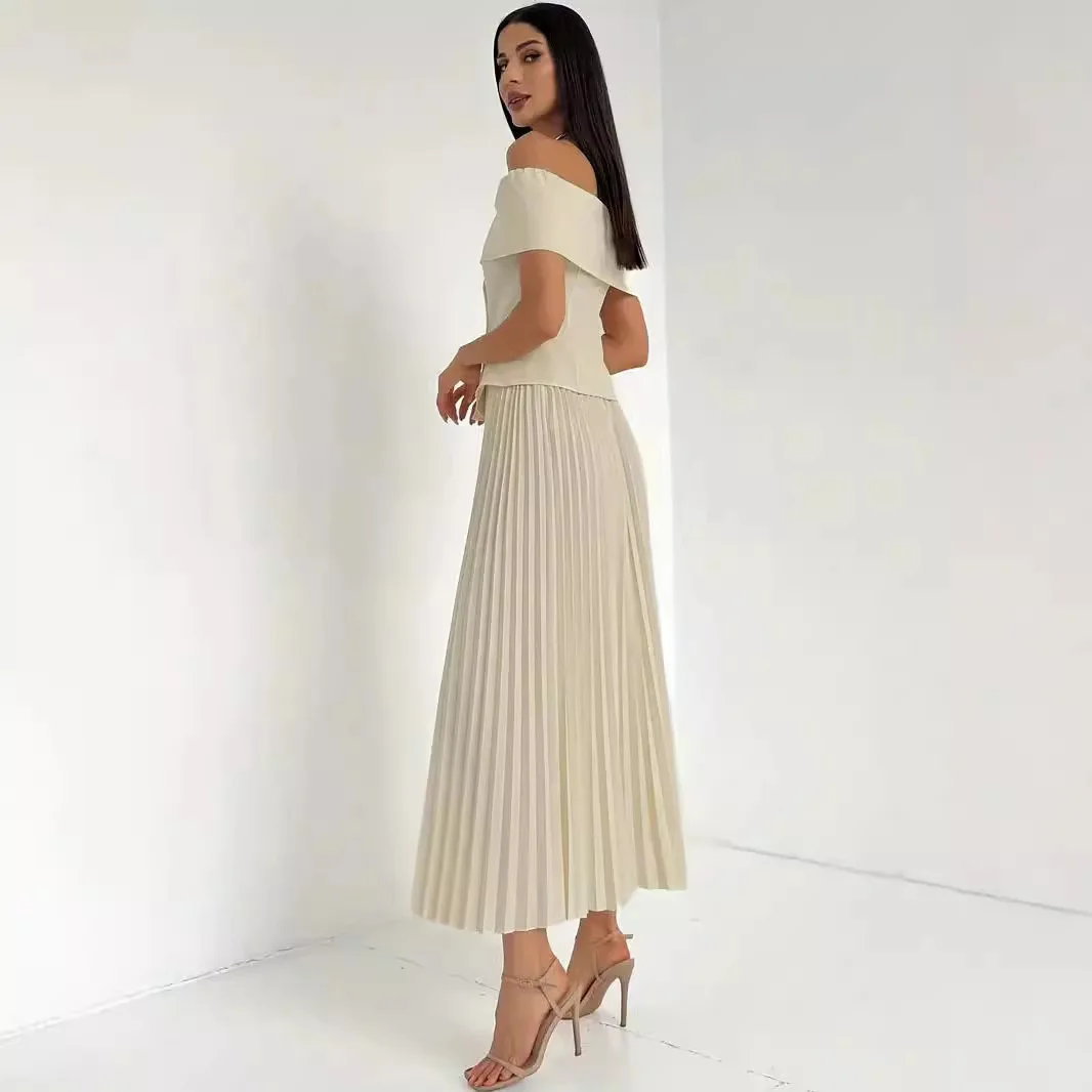 M3247 Women's Two-piece Elegant Front Button Off-Shoulder Top Pleated Long Skirt Set