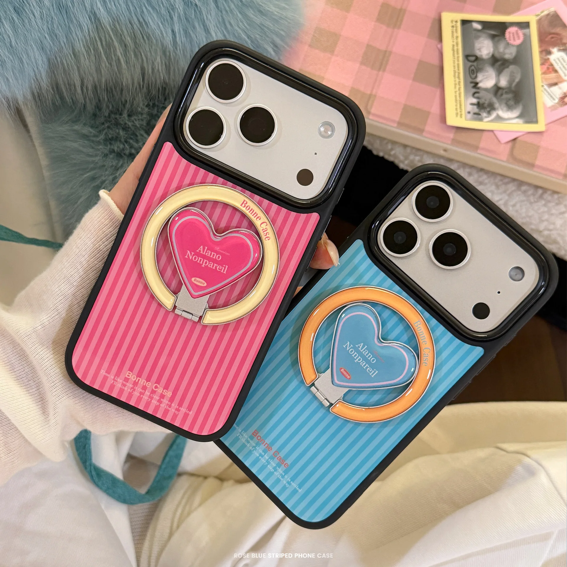 Coque antichoc souple à motif cœur rayé et color-block avec support magnétique pour iPhone 17/16/13/12 Pro Max 15 14 Plus – Cadeau idéal pour couple ou meilleure amie