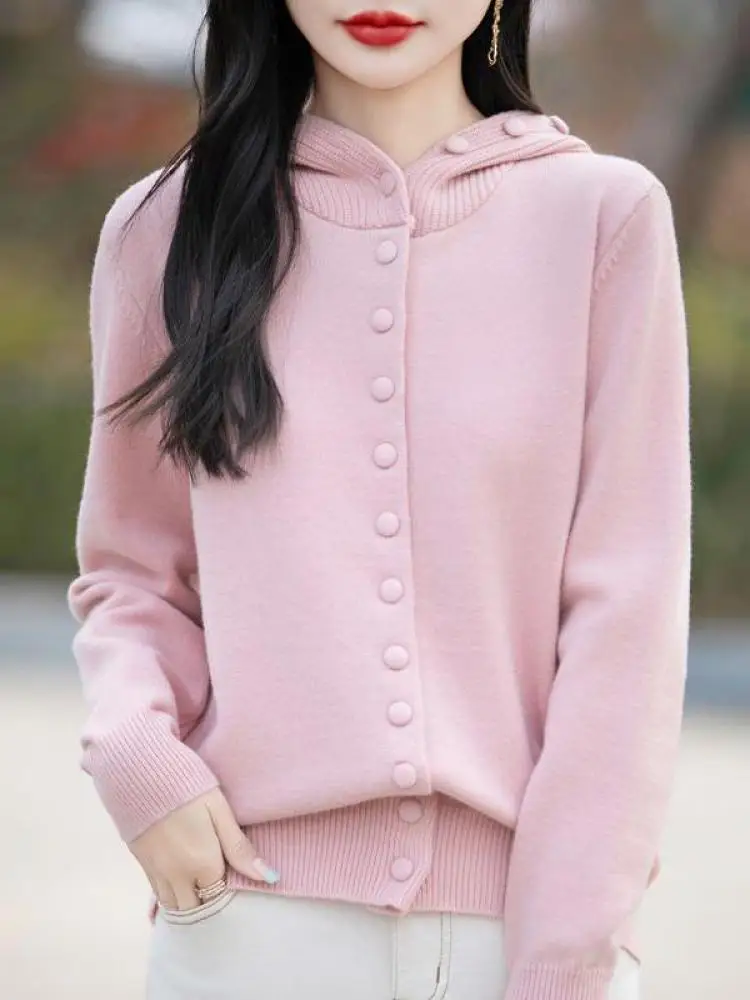 Korean New Autumn Winter Solid Single Breasted Hooded Cardigan Short Sweaters Women's Long Sleeved Warm Knitted Tops Streetwear