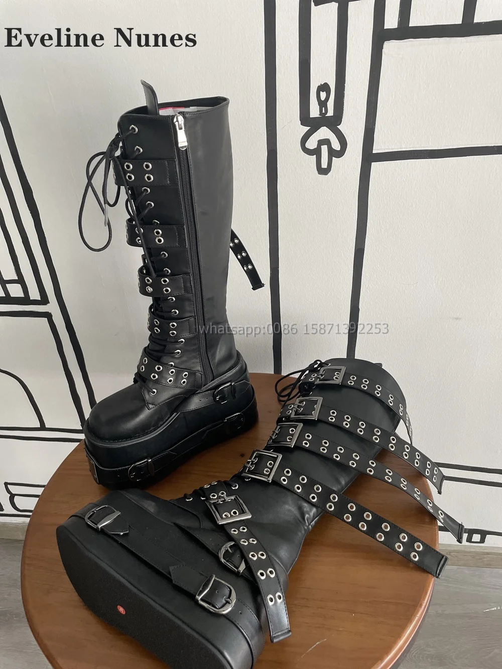 Belt Buckle Platform Motorcycle Boots Round Toe Height Increasing Cross Tied Patchwork Booty Punk Plus Size Booties Heavy Work