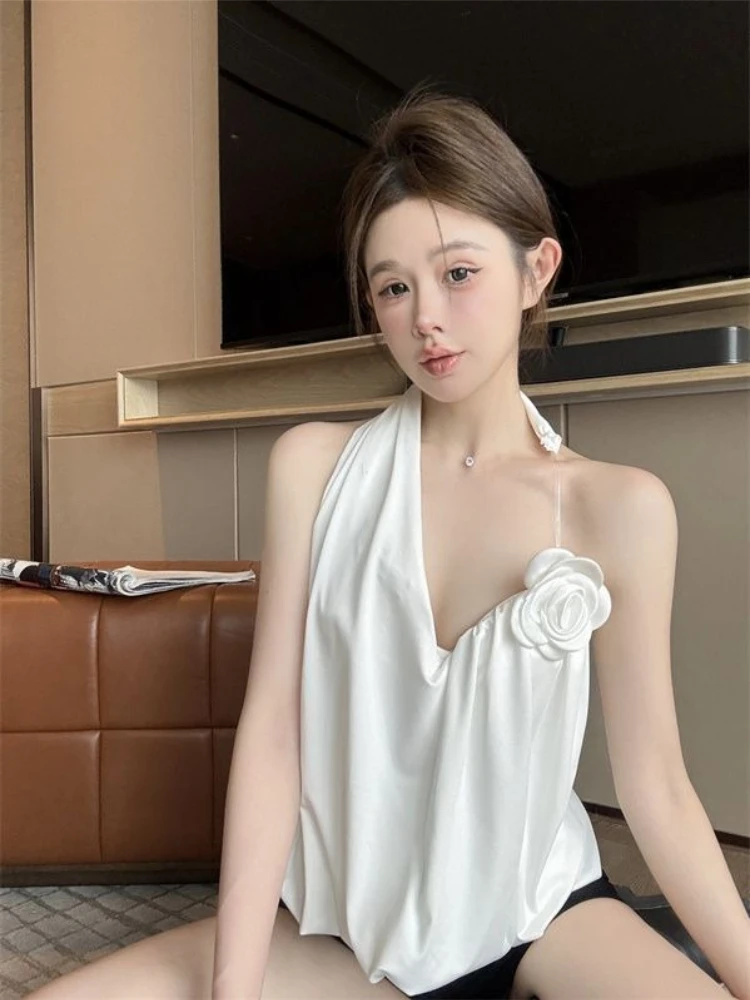 2026 Summer Women Handmade Floral Tie Neck Camisole Thai Style Elegant Slim Vest Casual Boho Tube Top Blouse