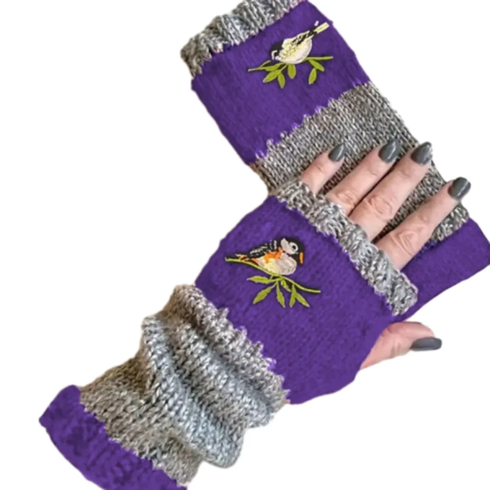

Embroidered Bird Half Finger Gloves Soft Spicy Girl Knitted Fingerless Gloves Patchwork Windproof Y2k Winter Mittens Women