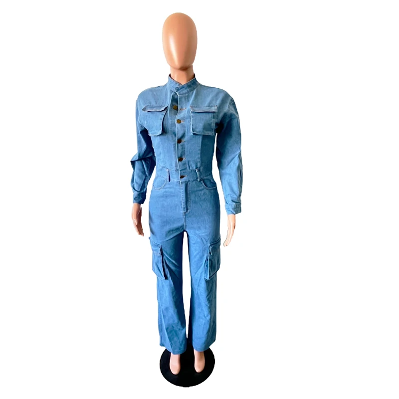 Light Blue Sleeves Cargo Pockets Elastic Long Denim Jumpsuit Women Sexy Front Open Jean Woman Overalls Loose Flare Pants Elegant