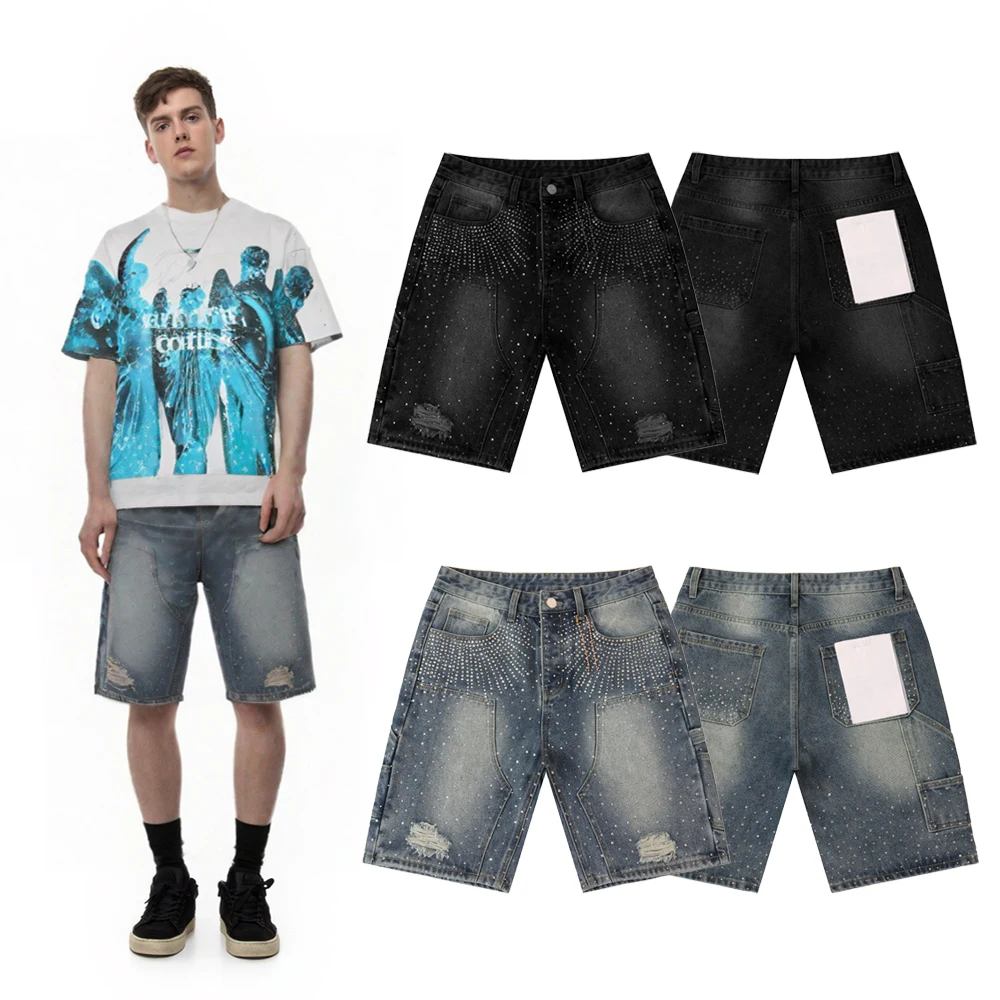 

Vintage Streetwear Clothing Rhinestones Short Jeans Hiphop Street Style Cotton Casual Retro Distressed Ripped Shorts Pants Men's