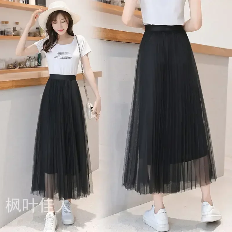 wang sha qun Long Pleated Skirt High-Waisted A- line Skirt Woman Skirts Mujer Faldas Saias Mulher