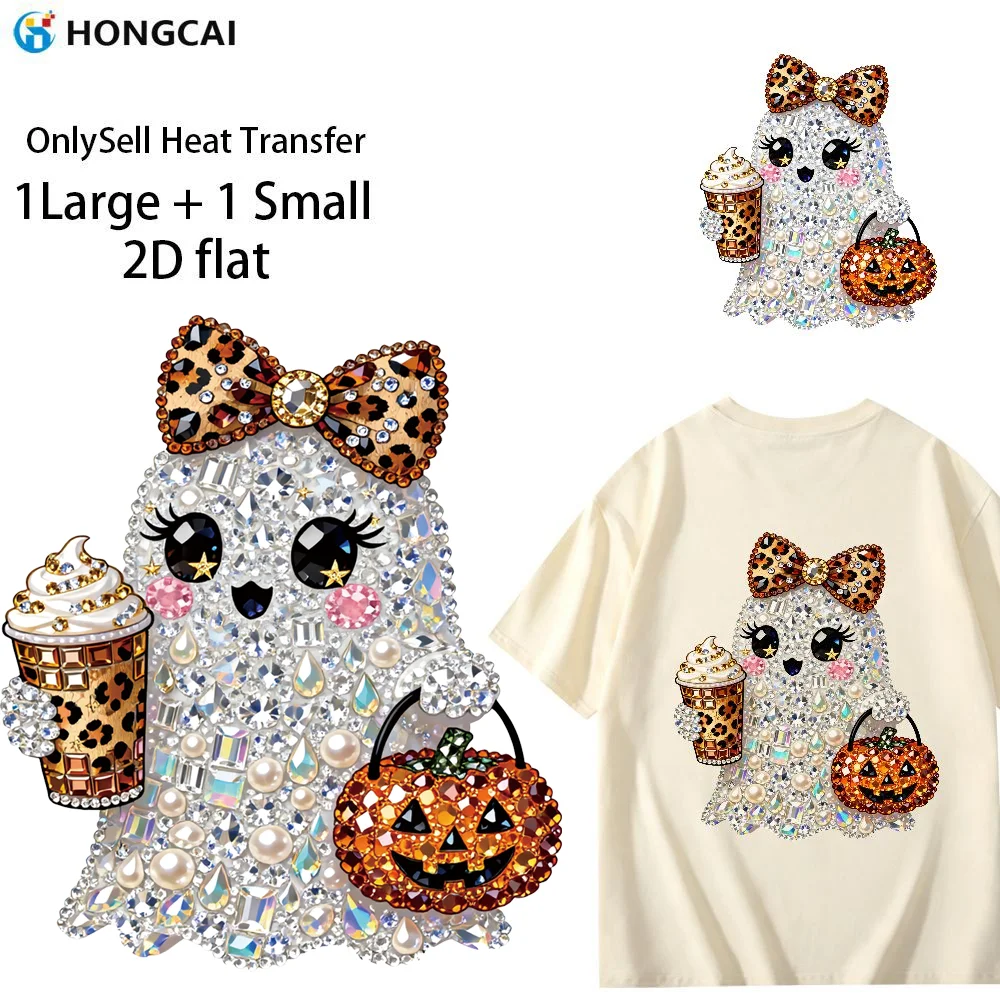 2Pcs Halloween Rhinestone Look Ghost HTV Iron On, DIY Clothing Bag Home Decor, Sparkling Festival Vibe