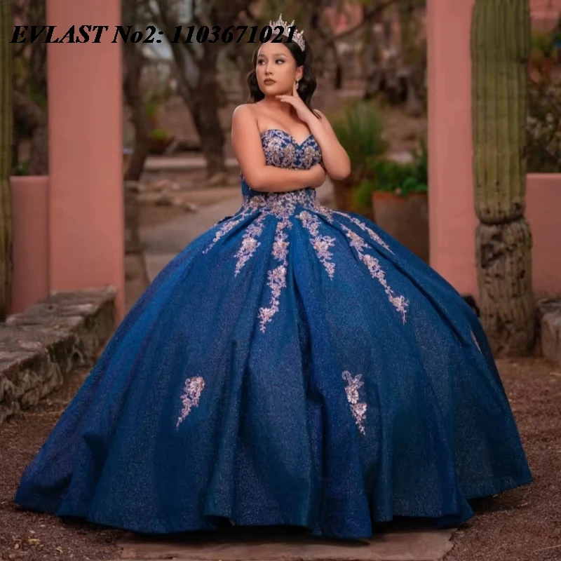 

EVLAST индивидуальное темно-синее платье принцессы Quinceanera, бальное платье с кружевной аппликацией и бантом из бисера, милое платье 16, Vestidos De 15 Anos E2Q29