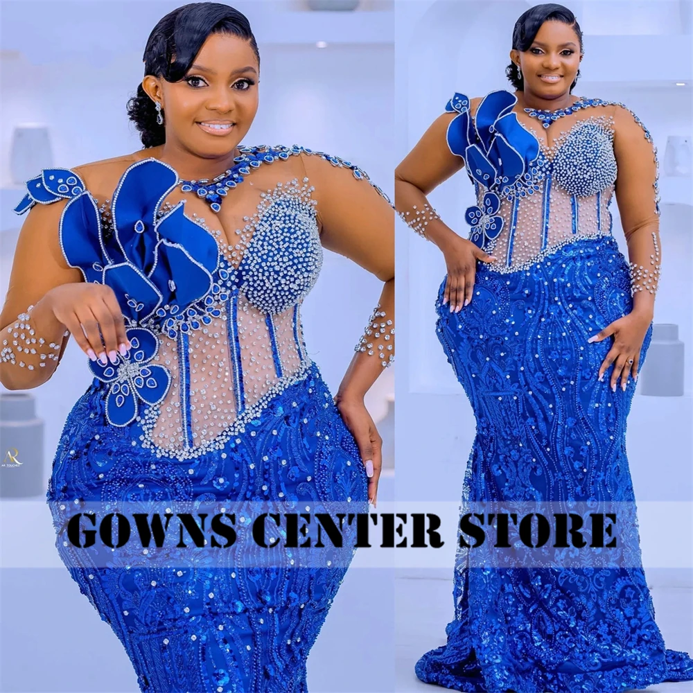 Gorgeous Royal Blue Mermaid Evening Dresses African Long Sleeves Crystals Beads Aso Ebi Wedding Party Gowns Plus Size Customized
